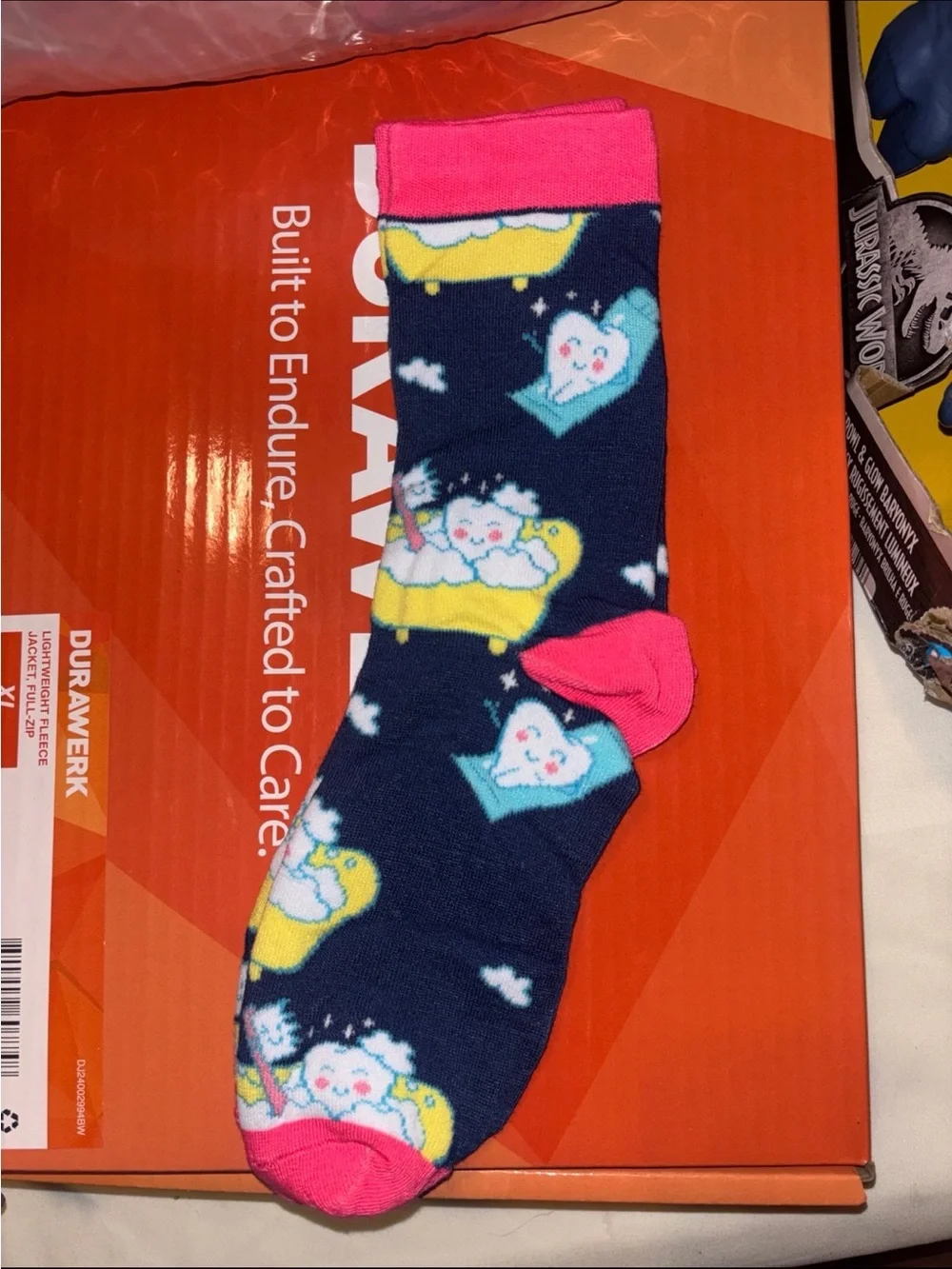 Women Novelty Cloud & Moon Crew Socks - Navy with Pink Accents